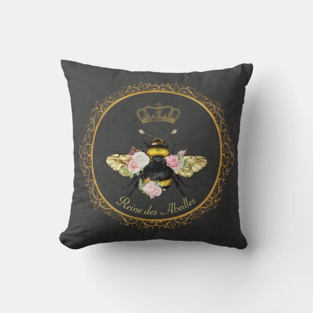 Elegante Franse Queen Bee Pink Roses Grijs Goud Kussen (Voorkant)