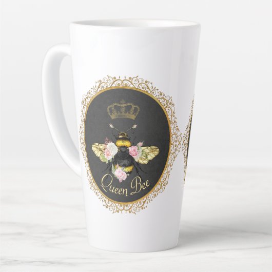 Elegante Franse Queen Bee Pink Roses Grijs Goud Latte Mok (Linkerhoek)