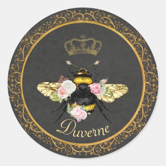 Elegante Franse Queen Bee Pink Roses Grijs Goud Ronde Sticker (Voorkant)
