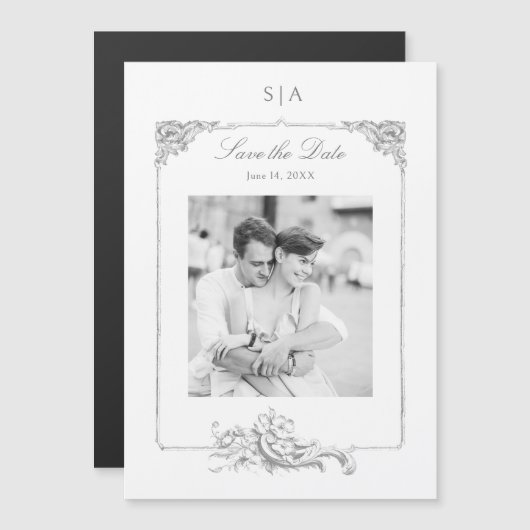 Elegante Franse Rococo Foto Opslaan van de Datum Magnetische Uitnodiging (Voorkant / Achterkant)