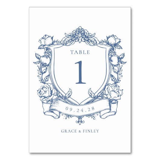 Elegante Franse Rozen Blauw  Crest bruiloft Kaart (Voorkant)