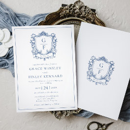 Elegante Franse Rozen Blauwe Monogram Wapen Huweli Kaart