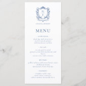 Elegante Franse Rozen Blauwe Monogram Wapen Huweli Menu (Voorkant)