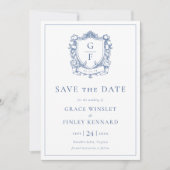 Elegante Franse Rozen Blauwe Monogram Wapen Huweli Save The Date (Voorkant)