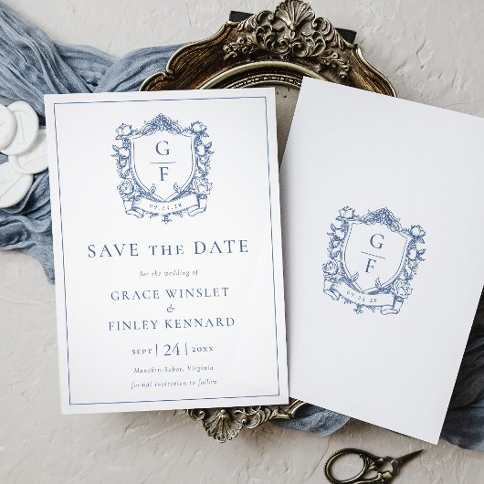 Elegante Franse Rozen Blauwe Monogram Wapen Huweli Save The Date