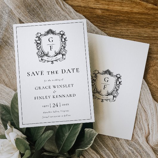 Elegante Franse Rozen Bloemige Monogram Wapen Huwe Save The Date