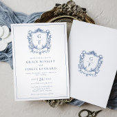 Elegante Franse Rozen Blue Monogram Crest Wedding Kaart