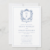 Elegante Franse Rozen Blue Monogram Crest Wedding Kaart (Voorkant)