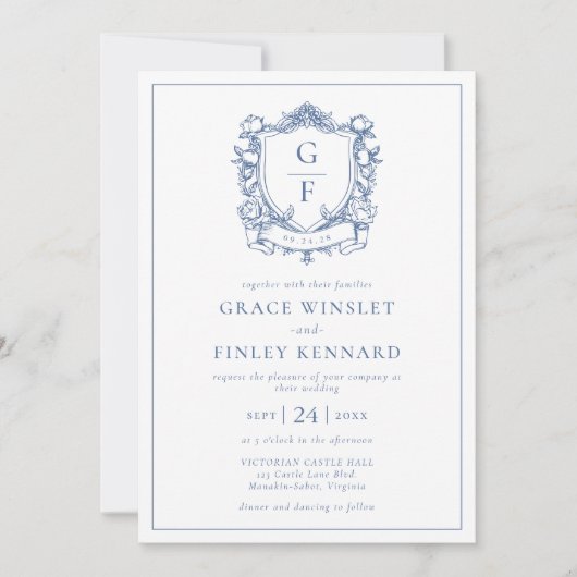 Elegante Franse Rozen Blue Monogram Crest Wedding Kaart (Voorkant)