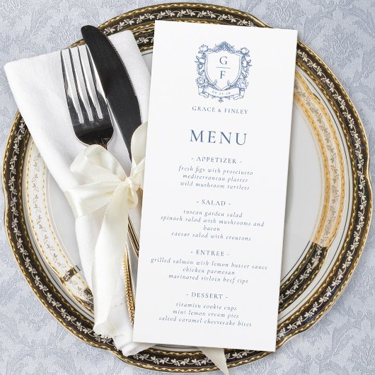 Elegante Franse Rozen Blue Monogram Crest Wedding Menu