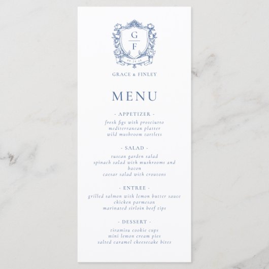 Elegante Franse Rozen Blue Monogram Crest Wedding Menu (Voorkant)