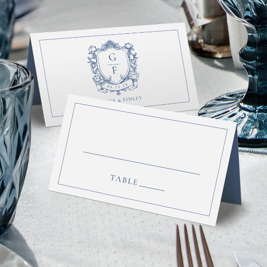 Elegante Franse Rozen Blue Monogram Crest Wedding Plaatskaartje