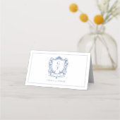 Elegante Franse Rozen Blue Monogram Crest Wedding Plaatskaartje (Achterkant)