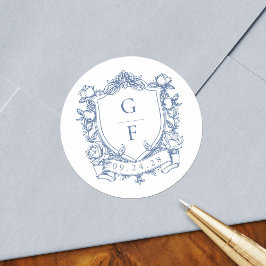 Elegante Franse Rozen Blue Monogram Crest Wedding Ronde Sticker