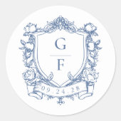 Elegante Franse Rozen Blue Monogram Crest Wedding Ronde Sticker (Voorkant)
