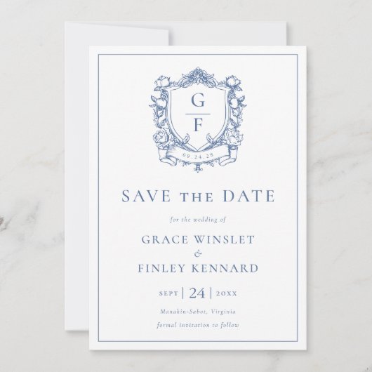 Elegante Franse Rozen Blue Monogram Crest Wedding Save The Date (Voorkant)