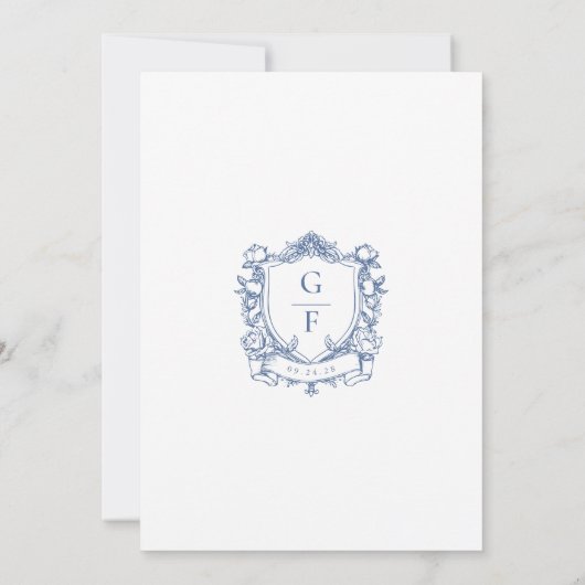 Elegante Franse Rozen Blue Monogram Crest Wedding Save The Date (Achterkant)