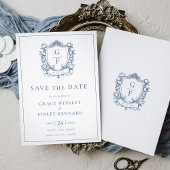 Elegante Franse Rozen Blue Monogram Crest Wedding Save The Date