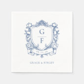 Elegante Franse Rozen Blue Monogram Crest Wedding Servet (Voorkant)
