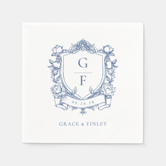 Elegante Franse Rozen Blue Monogram Crest Wedding Servet (Voorkant)