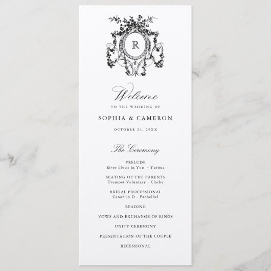 Elegante Franse Rozen Crest Kraft Papier Bruiloft Programmakaart (Voorkant)