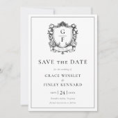 Elegante Franse Rozen Floral Monogram Crest Bruilo Save The Date (Voorkant)