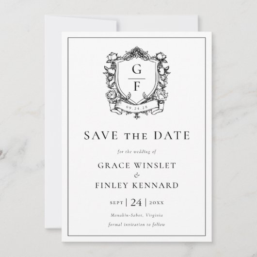 Elegante Franse Rozen Floral Monogram Crest Bruilo Save The Date (Voorkant)