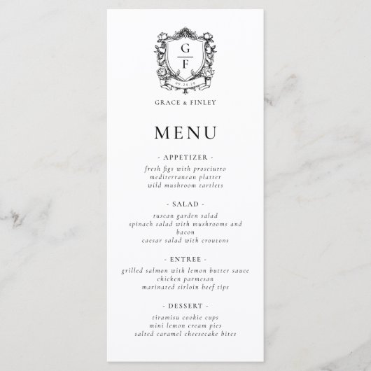 Elegante Franse Rozen Monogram Crest Wedding Menu (Voorkant)