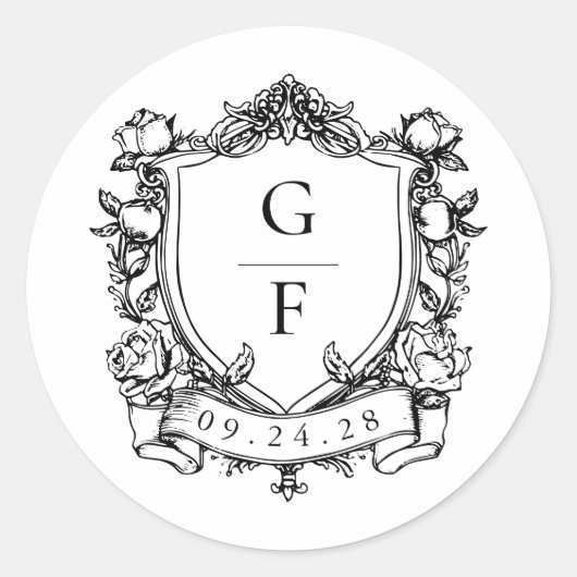 Elegante Franse Rozen Monogram Crest Wedding Ronde Sticker (Voorkant)
