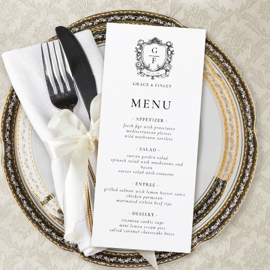 Elegante Franse Rozen Monogram Wapen Huwelijk Menu