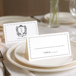 Elegante Franse Rozen Monogram Wapen Huwelijk Plaatskaartje
