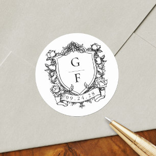 Elegante Franse Rozen Monogram Wapen Huwelijk Ronde Sticker