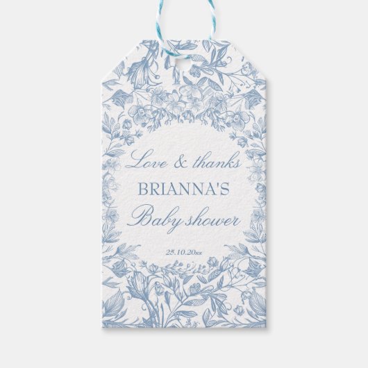Elegante Franse toile blauw baby shower gunst Cadeaulabel (Voorkant)