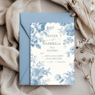 Elegante Franse toile blauwe bloemen bruiloft RSVP Kaartje