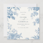 Elegante Franse toile blauwe bloemen bruiloft Save The Date (Voorkant)