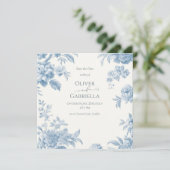 Elegante Franse toile blauwe bloemige bruiloft Save The Date (Staand voorkant)