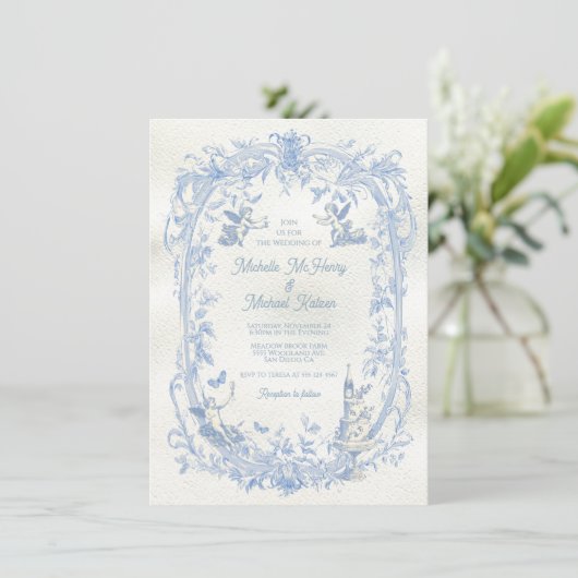 Elegante Franse Toile Bloemen cupido engel bruilof Kaart (Staand voorkant)