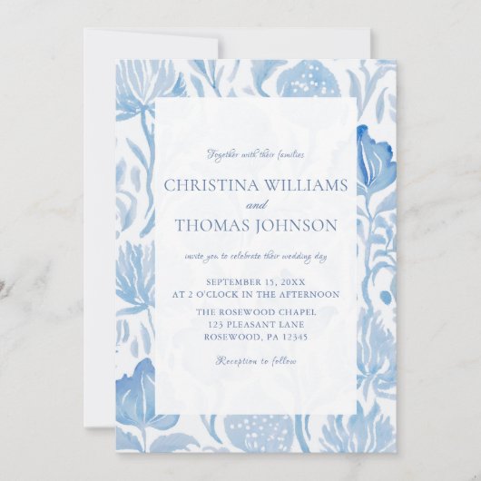 Elegante Franse Toile Blue bruiloft uitnodiging (Voorkant)