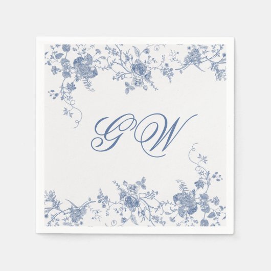 Elegante Franse Vintage Blauwe Bloem Jouy Servet (Voorkant)