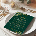 Elegante Frilly Gold Curls op Emerald Green Weddin Menu<br><div class="desc">Dit prachtige huwelijksmenu is eenvoudig,  elegant,  verfijnd en stijlvol. Het heeft een elegant smaragdgroen ontwerp met kanten gouden script kalligrafie en delicate gouden krullen en wervelingen in de hoeken. De achterkant is een mooie gemarmerde gouden kleur.</div>
