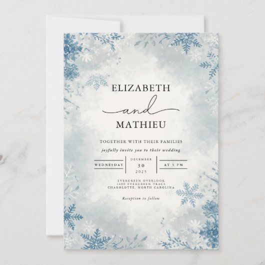 Elegante Frost Blue Winter Botanische bruiloft Kaart (Voorkant)