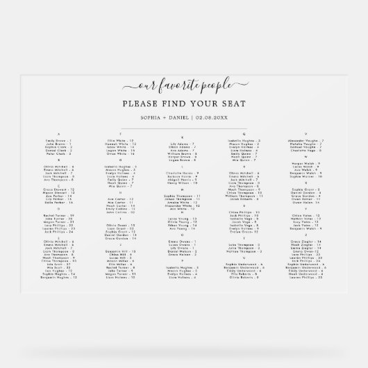 Elegante Frosted Alfabetische Bruiloft Zitplaatsen Acryl Bord (Voorkant)