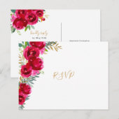 Elegante fuchsia bloem gouden trouw RSVP + menu (Voorkant / Achterkant)