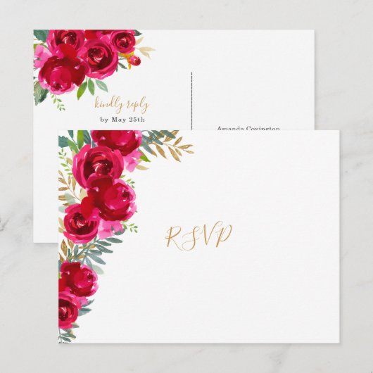 Elegante fuchsia bloem gouden trouw RSVP + menu (Voorkant / Achterkant)