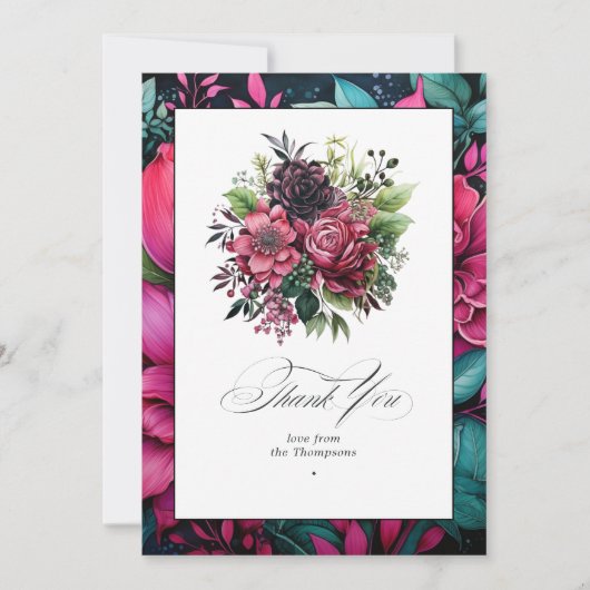 Elegante Fuchsia en smaragdgroene bloemengelukzali Bedankkaart (Voorkant)