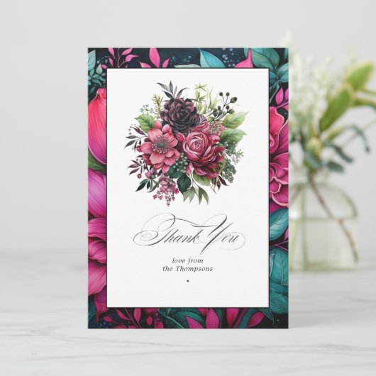 Elegante Fuchsia en smaragdgroene bloemengelukzali Bedankkaart (Staand voorkant)