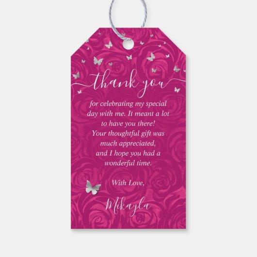 Elegante Fuchsia en Zilveren Kroon Dank U wel Cadeaulabel (Achterkant)