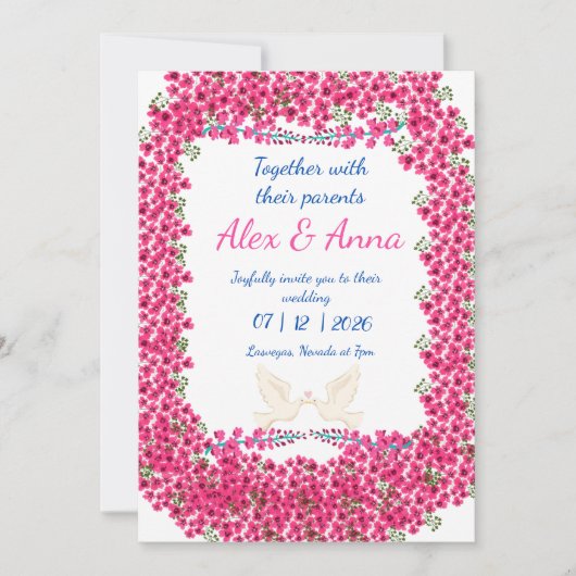 Elegante Fuchsia Floral Lijst bruiloft uitnodiging (Voorkant)