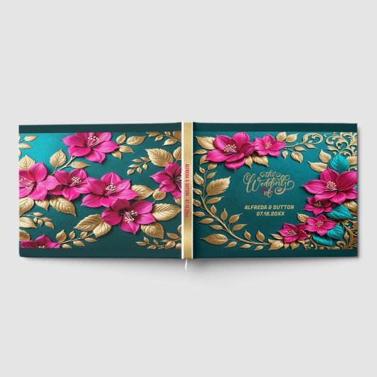 Elegante Fuchsia Roze Blauwgroen Blauw Goud Bloeme Gastenboek (Volledig)