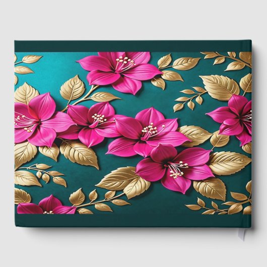 Elegante Fuchsia Roze Blauwgroen Blauw Goud Bloeme Gastenboek (Achterkant)